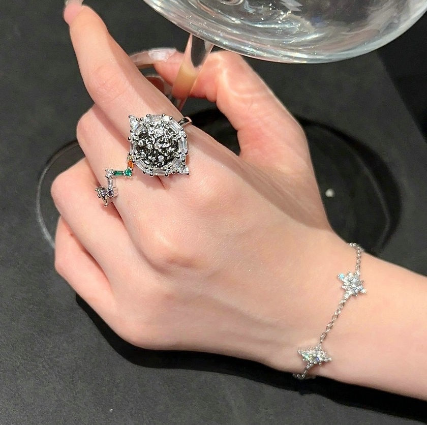 Sparkling Star River Meteor Gem Bracelet with 18K Gold Star Charm Square Sugar Zircon Ring Stacked