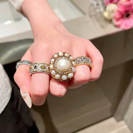 Lace Honeycomb Rainbow Gem Ring Tahiti Sea Pearl Arc Brushed Snowflake Zircon Ring Combination