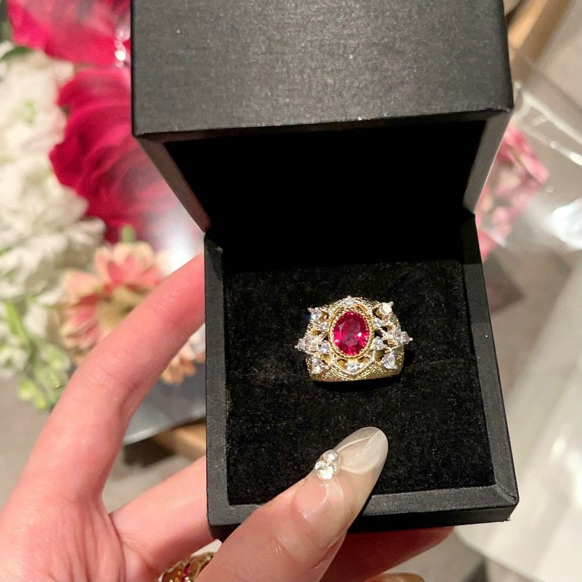Weaving pattern carved gold snowflake gemstone ring Vintage plated 18K gold rouge powder cubic sugar zircon ring layered