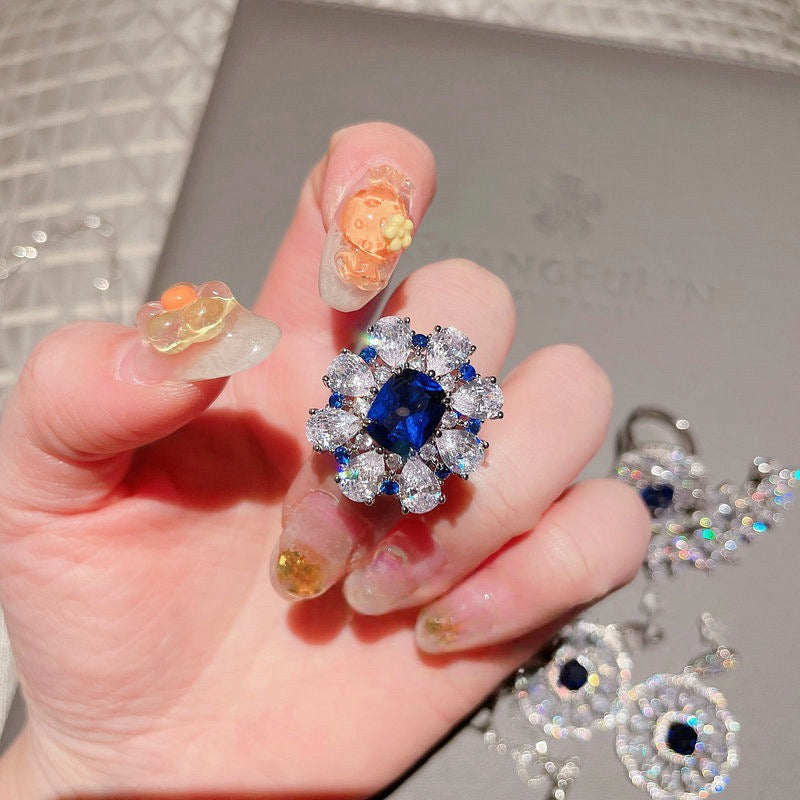 Deep sea sapphire flower necklace designer plated with 18K gold, navy blue zircon, multi-layer geometric surround flower earrings
