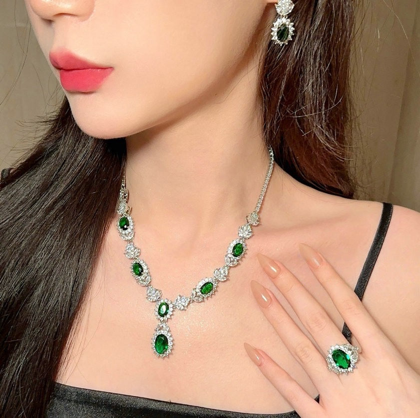 Mojito Green Water Drop Gemstone Necklace Rich Lady's Happiness Plated 18K Gold Emeralds Wheat Ears Zircon Ring