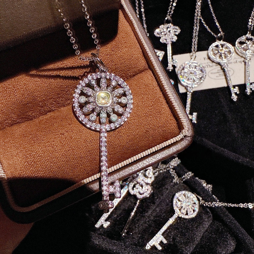 Floral Iris Key Heart shaped Gemstone Key Necklace Sunflower Sparkling Diamond Key Necklace Combination