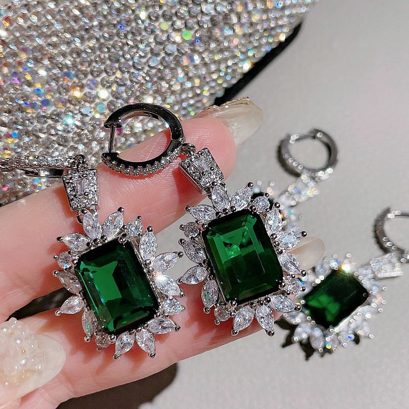 Oil painting peacock emerald earrings plated with 18K gold multi section emerald zircon kite brooch necklace set
