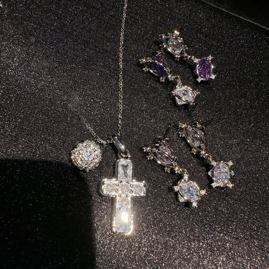 Canruo Star River Cross Gem Necklace Vintage 18K Gold Vine Pea Zircon Earrings