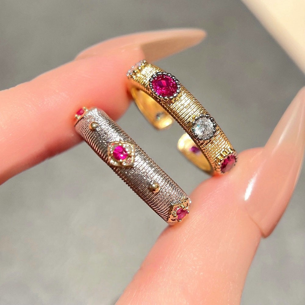 Weaving pattern carved gold snowflake gemstone bracelet antique feeling plated 18K gold curved brushed zircon ring set