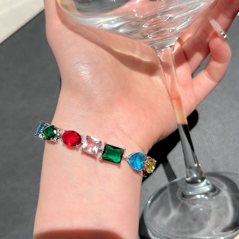 Austrian Palace Rainbow Gem Bracelet Fantasy Bubble Plated 18K Gold Margarita Color Treasure Zircon Ring