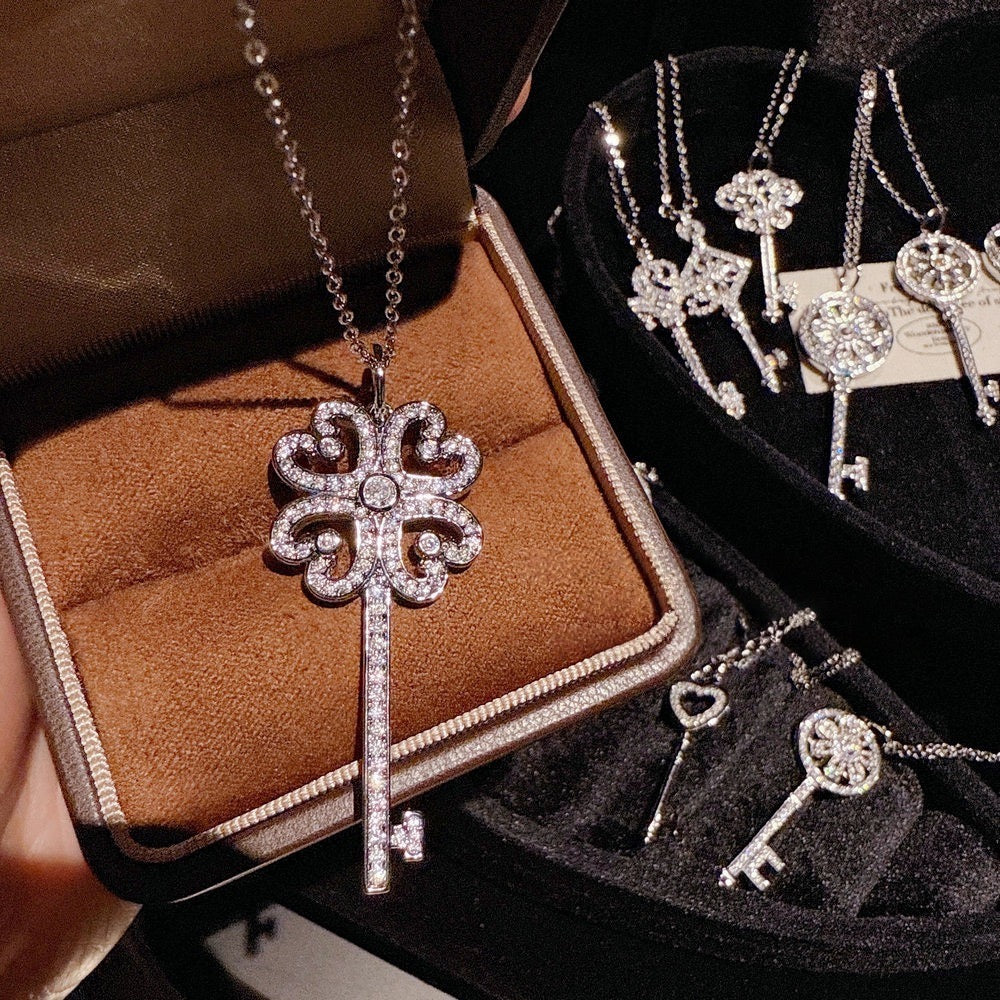 Floral Iris Key Heart shaped Gemstone Key Necklace Sunflower Sparkling Diamond Key Necklace Combination
