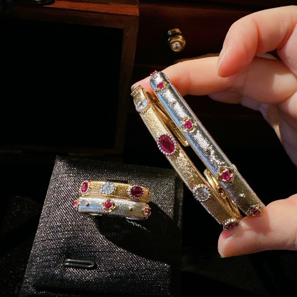 Weaving pattern carved gold snowflake gemstone bracelet antique feeling plated 18K gold curved brushed zircon ring set
