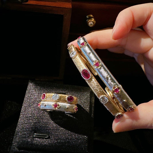 Weaving pattern carved gold snowflake gemstone bracelet antique feeling plated 18K gold curved brushed zircon ring set