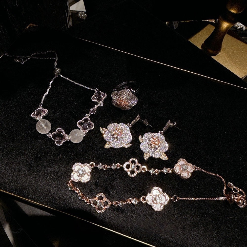 Dali Retro Camellia Gemstone Earrings, Light Luxury, High Grade Floral Beimu Zircon Bracelet Set