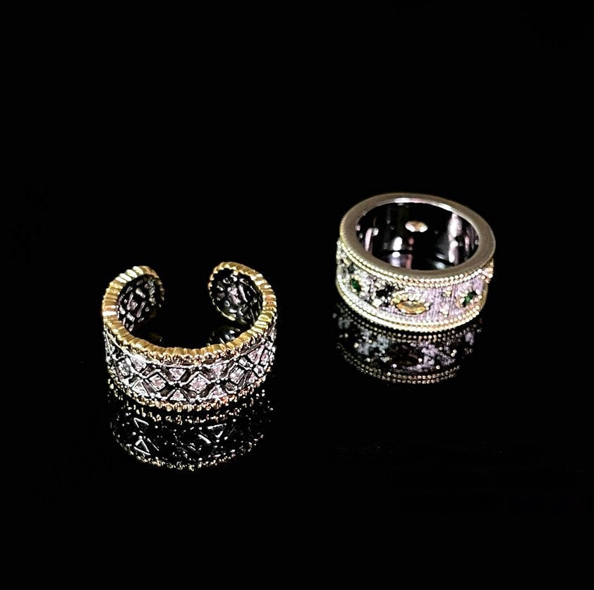 Lace Honeycomb Rainbow Gem Ring Tahiti Sea Pearl Arc Brushed Snowflake Zircon Ring Combination