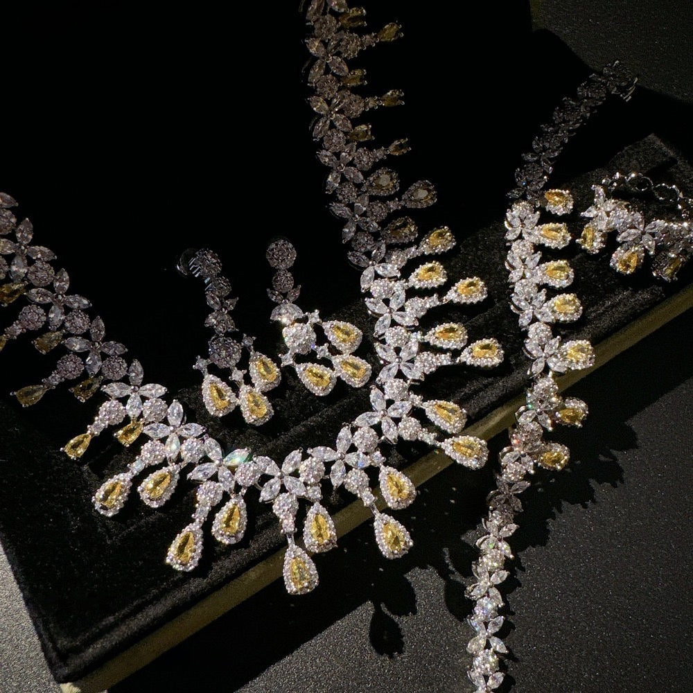 Austrian Crown Waterdrop Flower Gemstone Necklace Vintage Plated 18K Gold Twilight Yellow Teardrop Zircon Bracelet