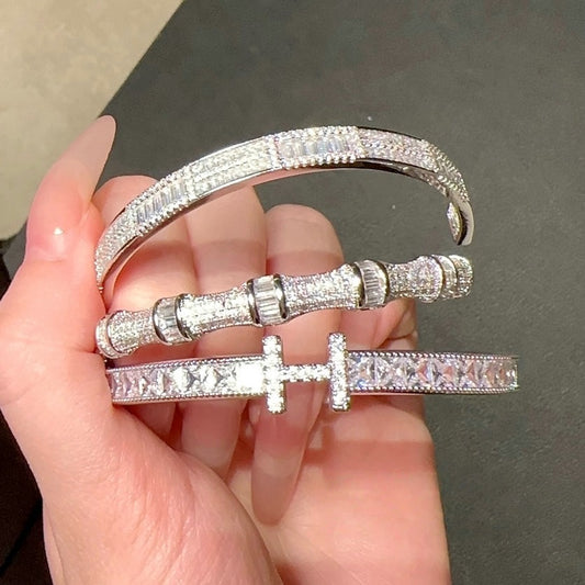 Brilliant letter gemstone bracelet plated with 18K gold, zircon bamboo shaped sparkling diamond bracelet with adjustable opening