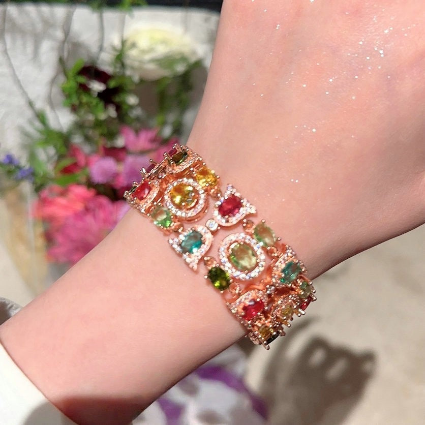 Austrian Palace Rainbow Gem Bracelet Fantasy Bubble Plated 18K Gold Margarita Color Treasure Zircon Ring