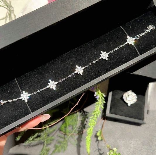 Sparkling Star River Meteor Gem Bracelet with 18K Gold Star Charm Square Sugar Zircon Ring Stacked