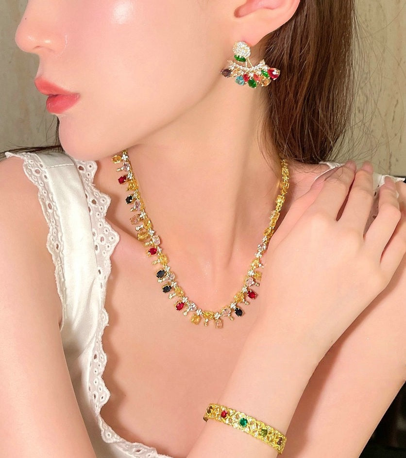 Rainbow raindrop gemstone necklace antique plated 18K gold noblewoman rouge flower zircon earrings