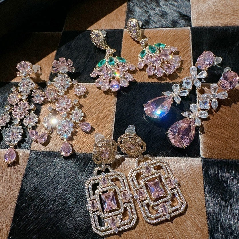 Papalacha pink gemstone grape string earrings with antique feel plated 18K gold Barbie pink flower bouquet zircon earrings