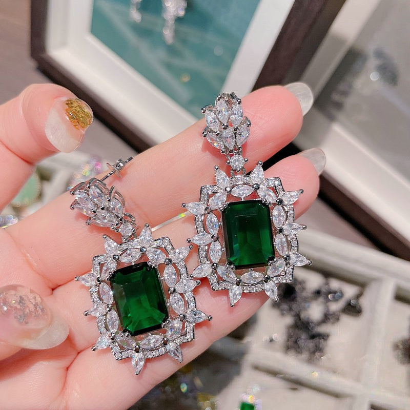 Oil painting peacock emerald earrings plated with 18K gold multi section emerald zircon kite brooch necklace set
