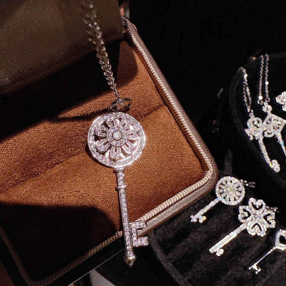 Floral Iris Key Heart shaped Gemstone Key Necklace Sunflower Sparkling Diamond Key Necklace Combination