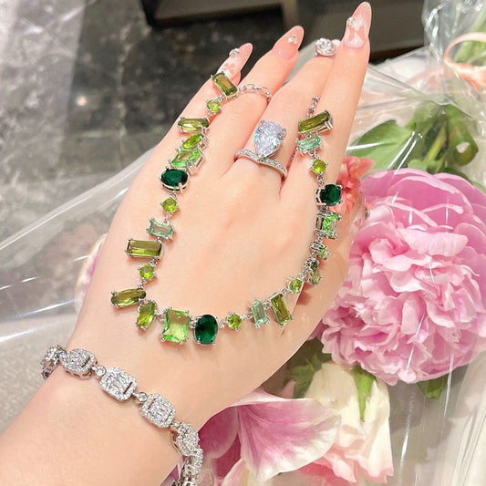 Lake Light Water Shadow Peacock Green Irregular Gemstone Necklace Designer Plated with 18K Gold Color Treasure Gradient Zircon Neck Chain