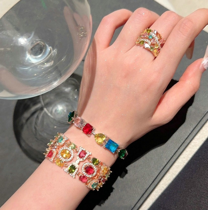 Austrian Palace Rainbow Gem Bracelet Fantasy Bubble Plated 18K Gold Margarita Color Treasure Zircon Ring