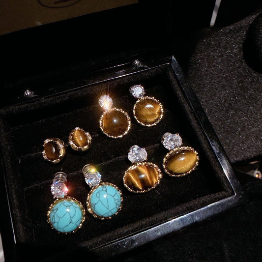 Jewelry antique style natural tiger eye stone earrings attract wealth and show off white, yellow, turquoise, diamond studded temperament earrings