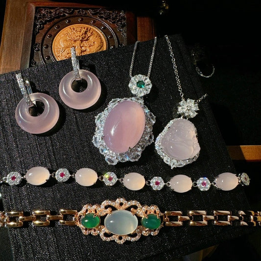 Brazilian Emperor Pink Purple Jadeite Egg shaped Gemstone Necklace Water Spirit Water Spirit Plated 18K Gold Pink Jadeite Flower Bracelet