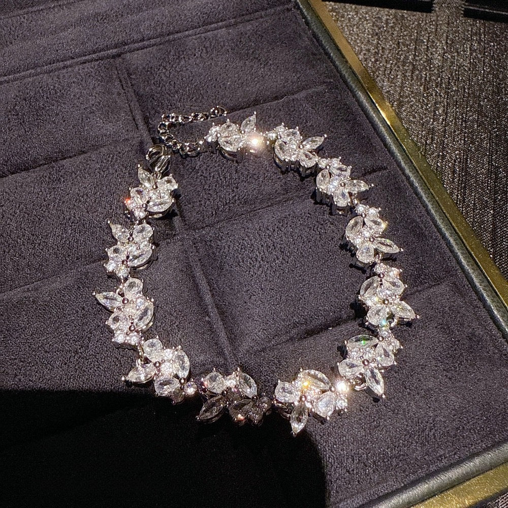 Italian vintage wheat ear water drop gemstone necklace with sparkling petals and zircon bracelet set