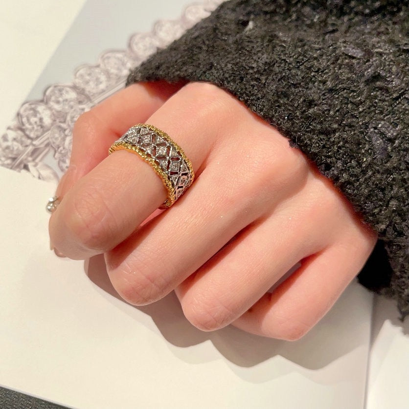 Lace Honeycomb Rainbow Gem Ring Tahiti Sea Pearl Arc Brushed Snowflake Zircon Ring Combination