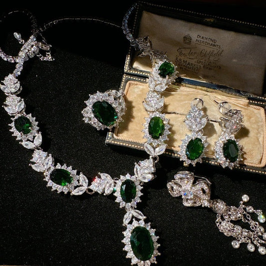 Mojito Green Water Drop Gemstone Necklace Rich Lady's Happiness Plated 18K Gold Emeralds Wheat Ears Zircon Ring