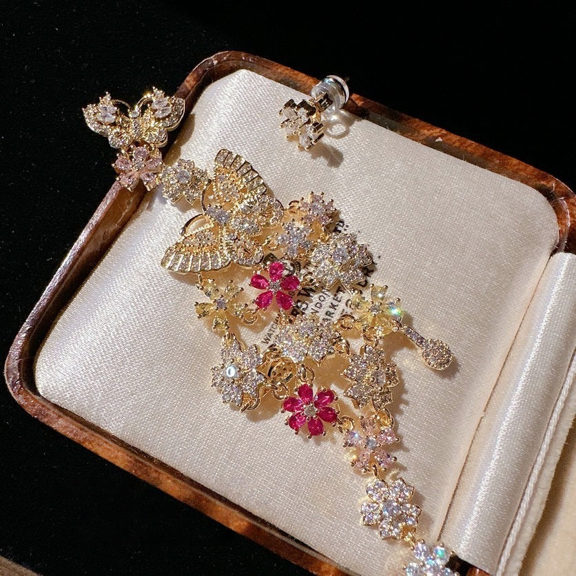 Rainbow raindrop gemstone necklace antique plated 18K gold noblewoman rouge flower zircon earrings