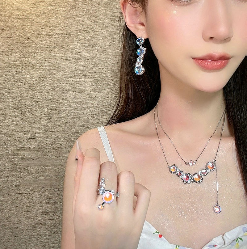 Lake Light Water Shadow Moonlight Stone Necklace Designer Plated 18K Gold Melted Grape Zircon Bracelet Glass Bead Earrings