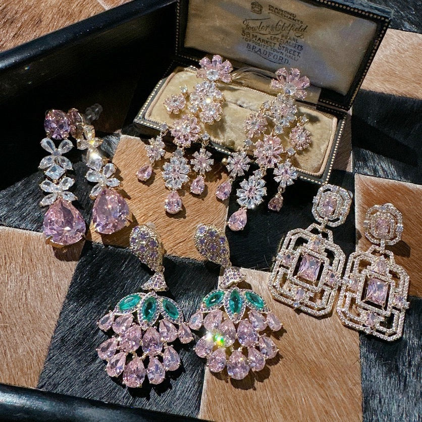 Papalacha pink gemstone grape string earrings with antique feel plated 18K gold Barbie pink flower bouquet zircon earrings