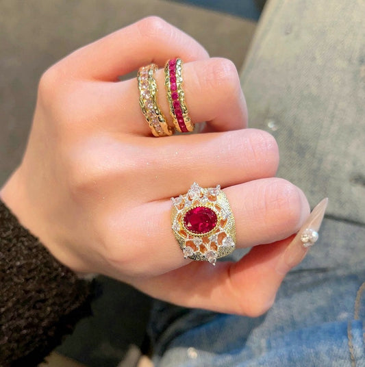 Weaving pattern carved gold snowflake gemstone ring Vintage plated 18K gold rouge powder cubic sugar zircon ring layered
