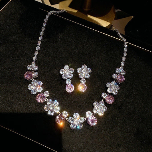 Peach Blossom Sea Sparkling Diamond Flower Necklace Banquet Wedding Rich and Noble Flower Sparkling Diamond Earring Set