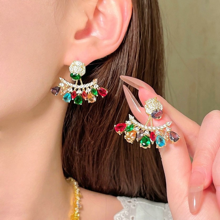 Rainbow raindrop gemstone necklace antique plated 18K gold noblewoman rouge flower zircon earrings