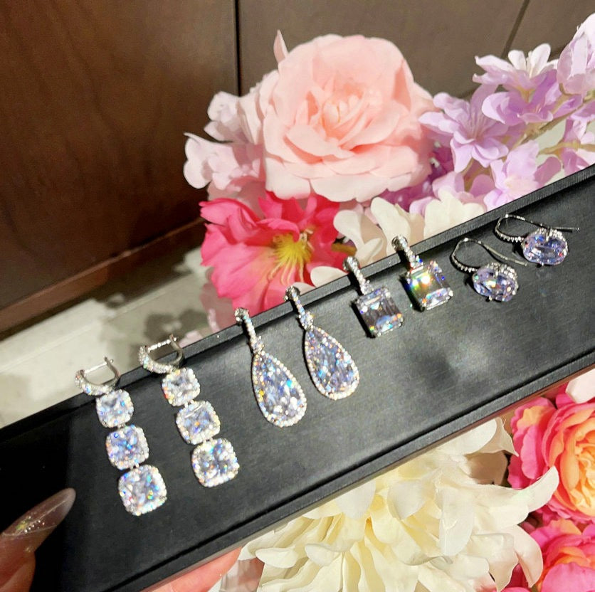 Seine River Water Drop Gem Eardrops Star River Sparkling 18K Gold Geometric Rectangular Zircon Snowflake Cutting Earrings