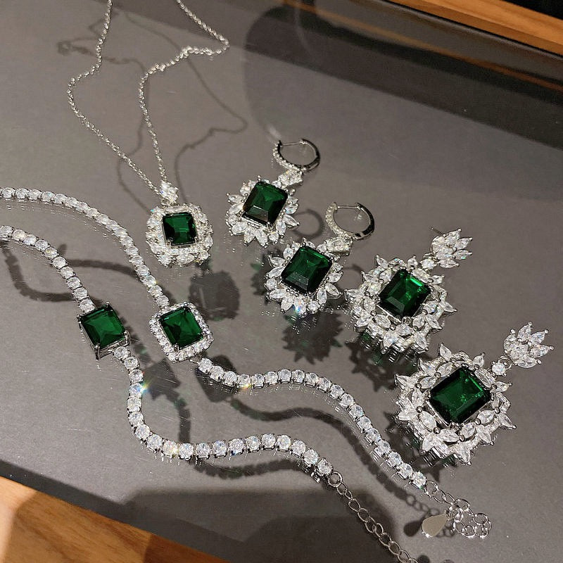 Oil painting peacock emerald earrings plated with 18K gold multi section emerald zircon kite brooch necklace set