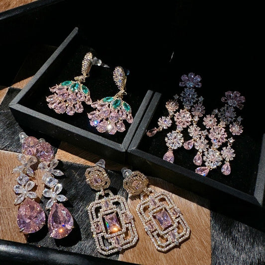Papalacha pink gemstone grape string earrings with antique feel plated 18K gold Barbie pink flower bouquet zircon earrings