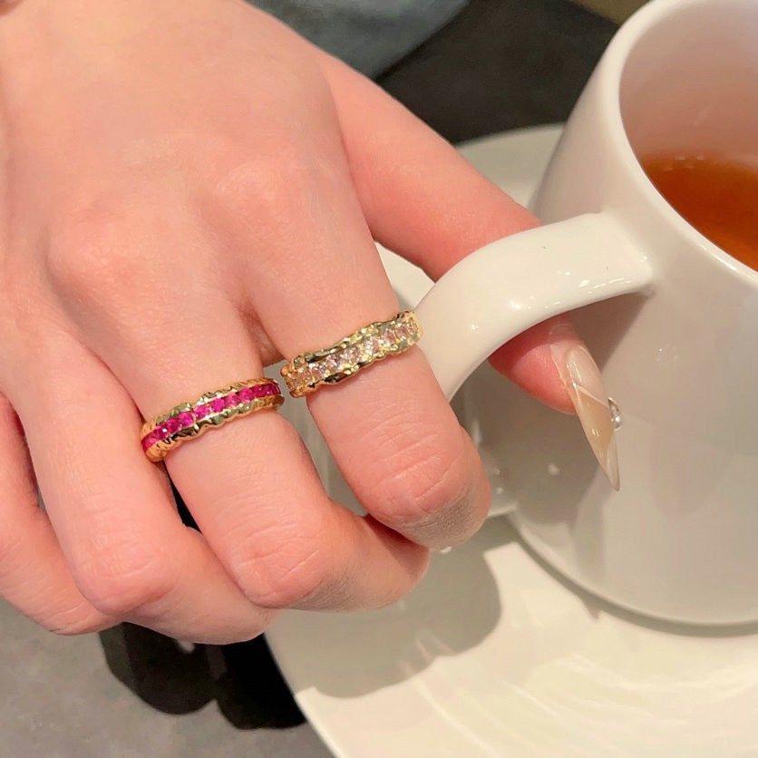 Weaving pattern carved gold snowflake gemstone ring Vintage plated 18K gold rouge powder cubic sugar zircon ring layered