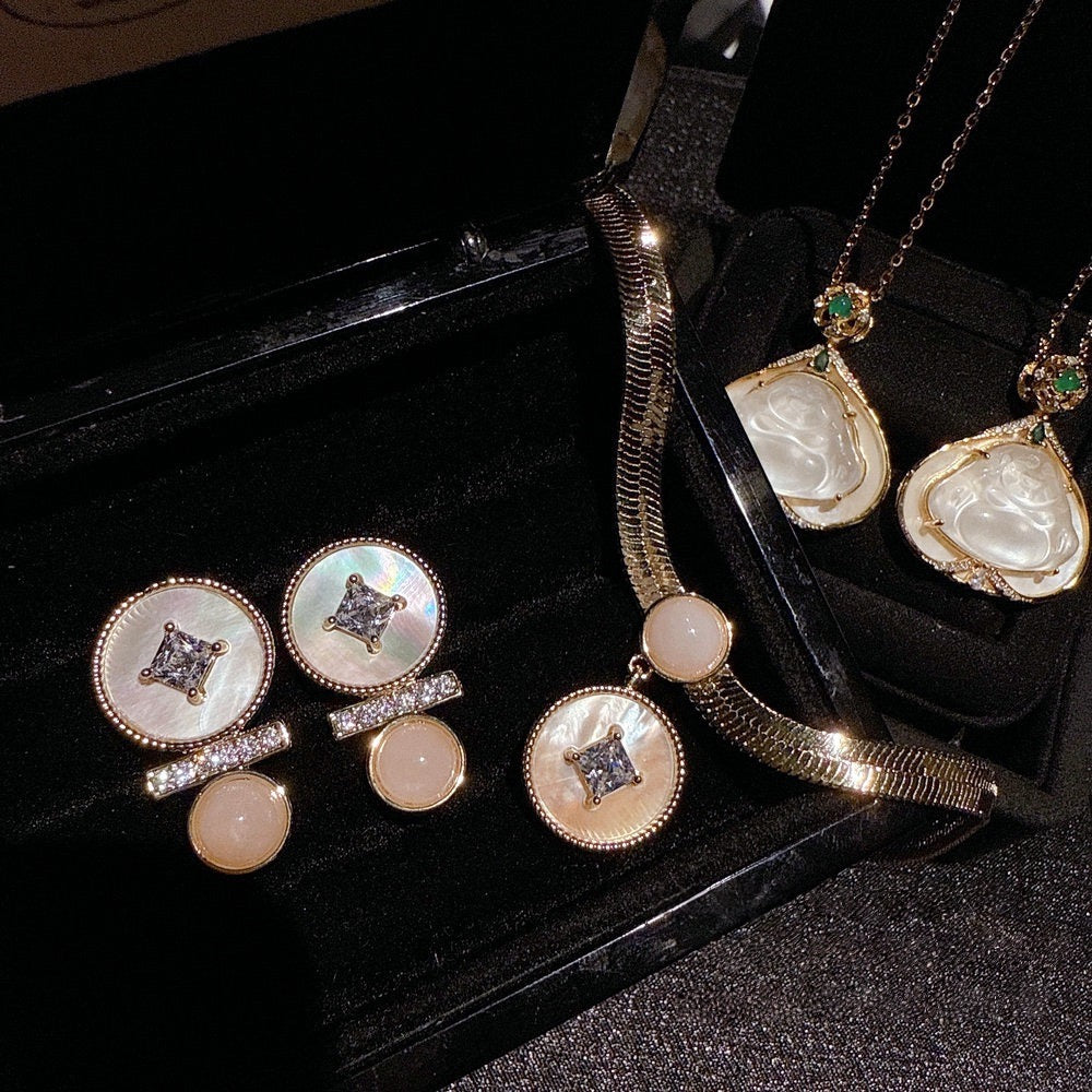 Sunset Melted Gold Beimu Copper Coin Gemstone Necklace Sparkling 18K Gold Plated Copper Coin Zircon Earrings
