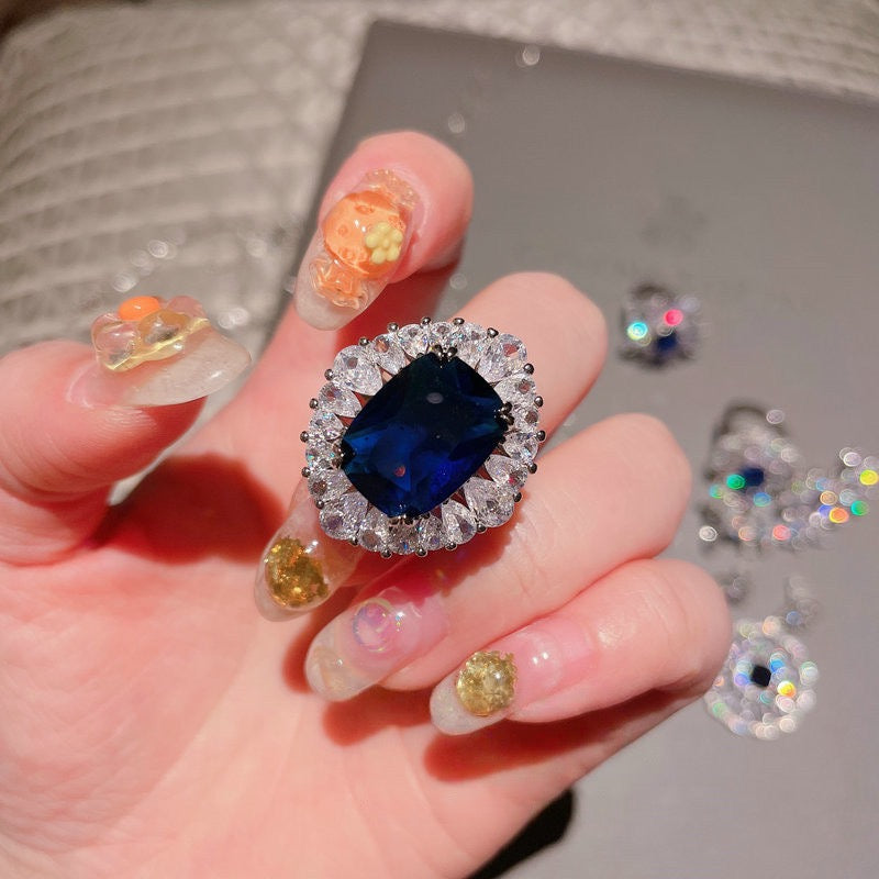 Deep sea sapphire flower necklace designer plated with 18K gold, navy blue zircon, multi-layer geometric surround flower earrings