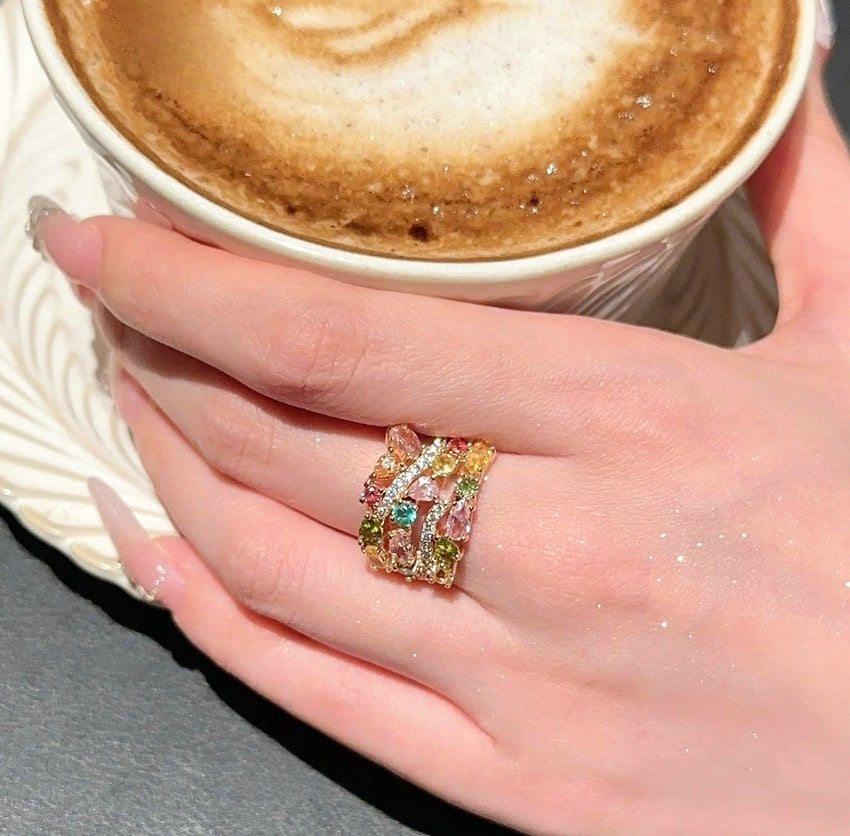 Austrian Palace Rainbow Gem Bracelet Fantasy Bubble Plated 18K Gold Margarita Color Treasure Zircon Ring