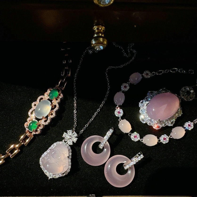Brazilian Emperor Pink Purple Jadeite Egg shaped Gemstone Necklace Water Spirit Water Spirit Plated 18K Gold Pink Jadeite Flower Bracelet