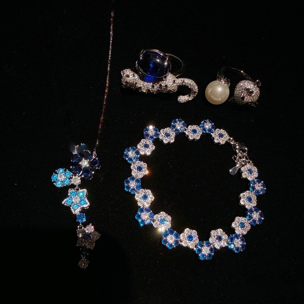 Italian Retro Royal Blue Flower Gemstone Bracelet Vintage Egg Shaped Cheetah Zircon Ring Set