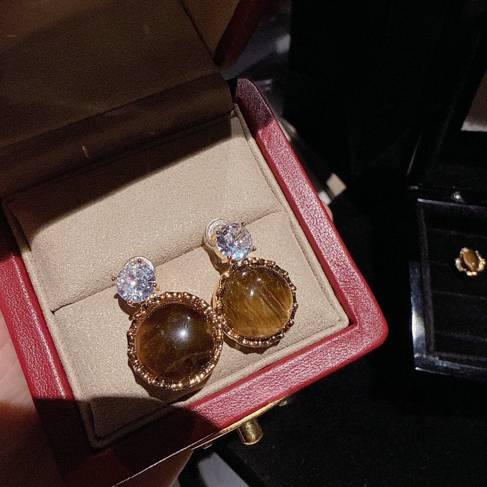 Jewelry antique style natural tiger eye stone earrings attract wealth and show off white, yellow, turquoise, diamond studded temperament earrings