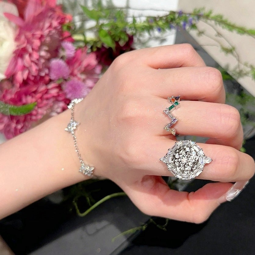Sparkling Star River Meteor Gem Bracelet with 18K Gold Star Charm Square Sugar Zircon Ring Stacked
