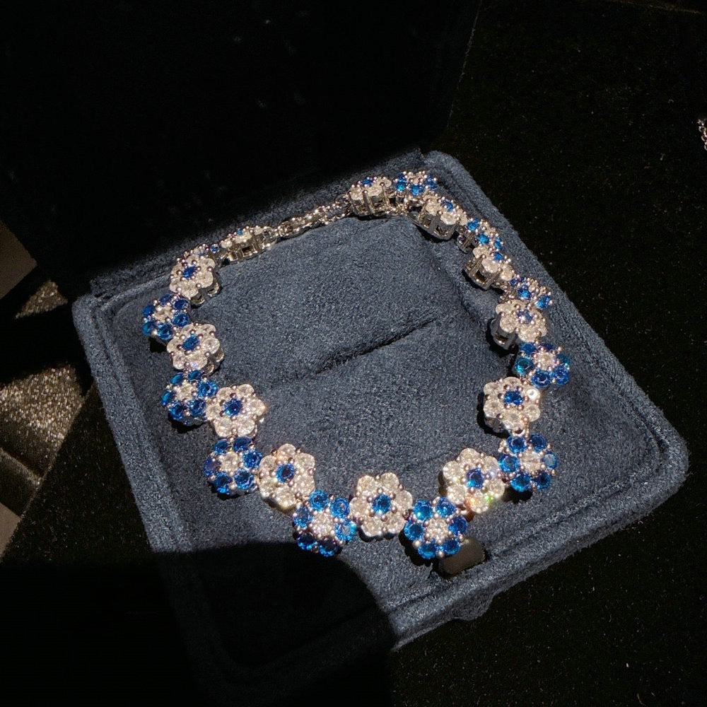 Italian Retro Royal Blue Flower Gemstone Bracelet Vintage Egg Shaped Cheetah Zircon Ring Set