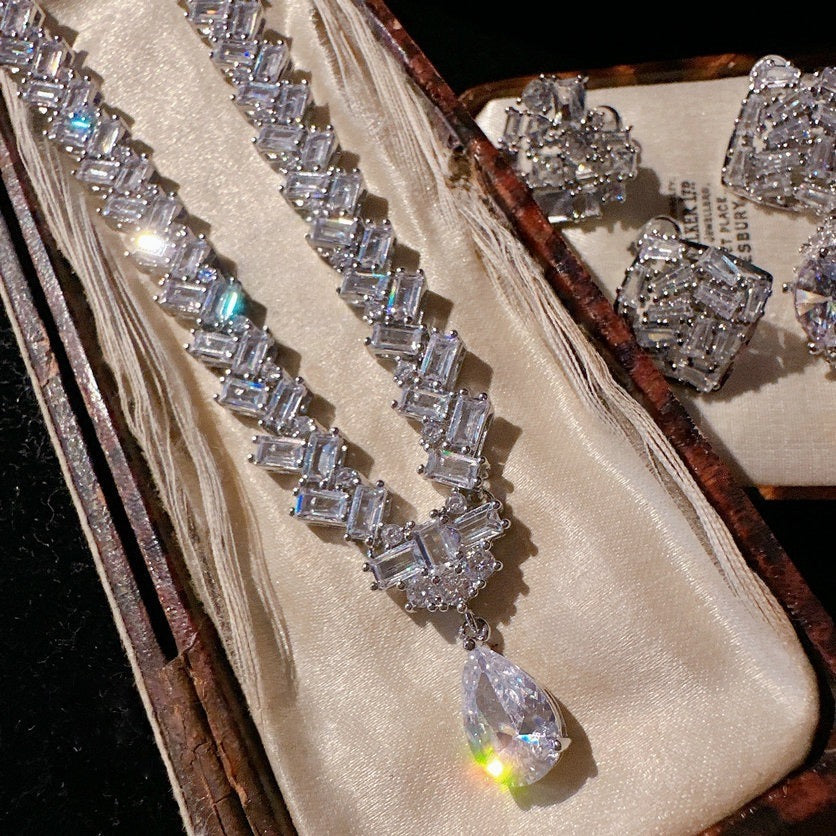 Italian vintage wheat ear water drop gemstone necklace with sparkling petals and zircon bracelet set