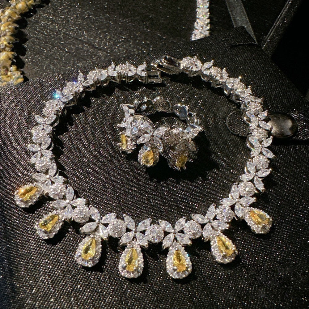 Austrian Crown Waterdrop Flower Gemstone Necklace Vintage Plated 18K Gold Twilight Yellow Teardrop Zircon Bracelet
